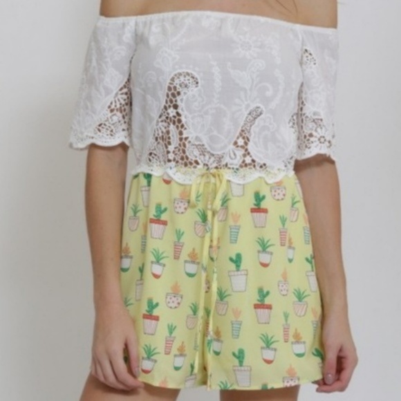Pants - Cactus print Off the Shoulder Shorts Romper